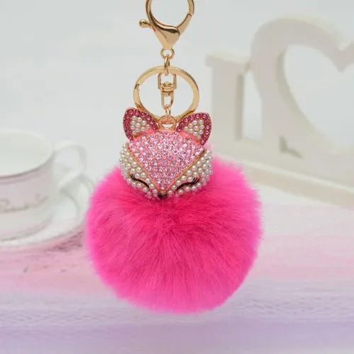 porte cle renard pompon fausse fourrure rouge rose