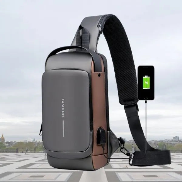 sac bandouliere antivol gris et brun