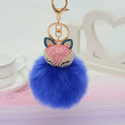 porte cle renard pompon fausse fourrure bleu