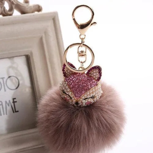 porte cle renard pompon fausse fourrure cafe clair