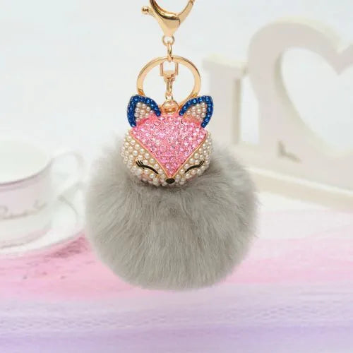 porte cle renard pompon fausse fourrure gris