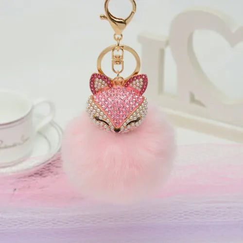 porte cle renard pompon fausse fourrure rose