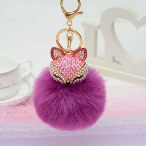 porte cle renard pompon fausse fourrure violet