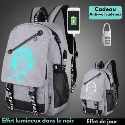 sac a dos gris pale music kid reflecteur anti-vol