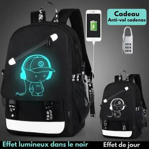 sac a dos noir reflecteur music ki anti-vol