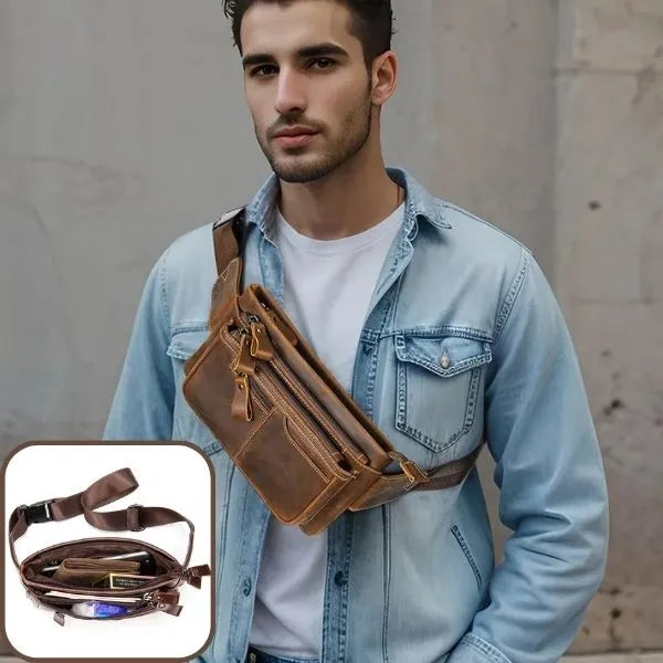 sac banane cuir homme portant en croiser devant corps et les detail de contenu