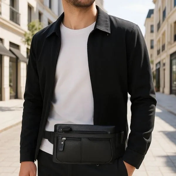 sac banane cuir noir homme portant a la taille