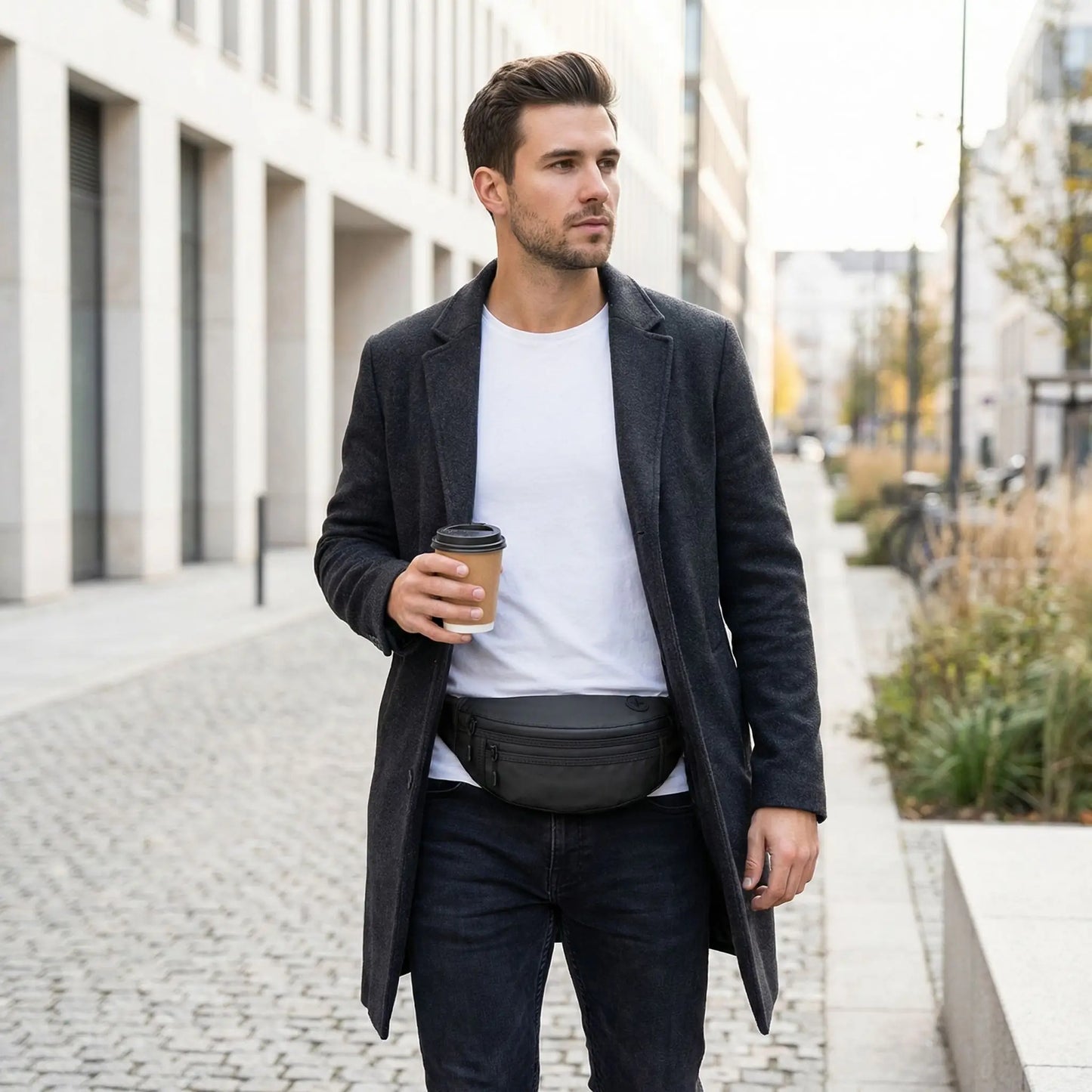 sac banane homme porter la la taille tenant un cafe