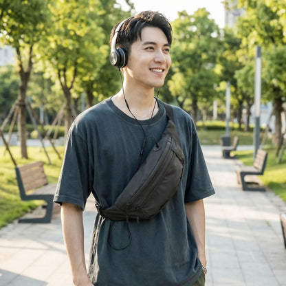 sac banane homme porter en crossbody ecoutant de la musique