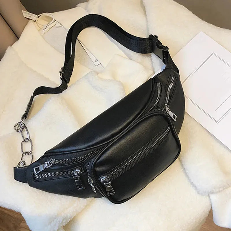 sac banane noir avec chaine et cinq pochettes