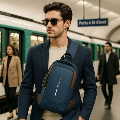 sac bandouliere antivol bleu et brun