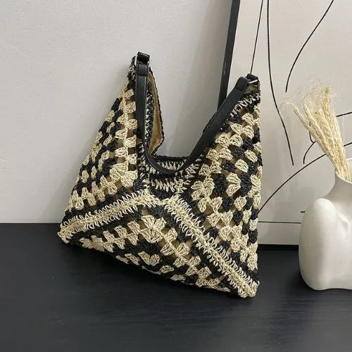 sac bandouliere paille femme noir beige