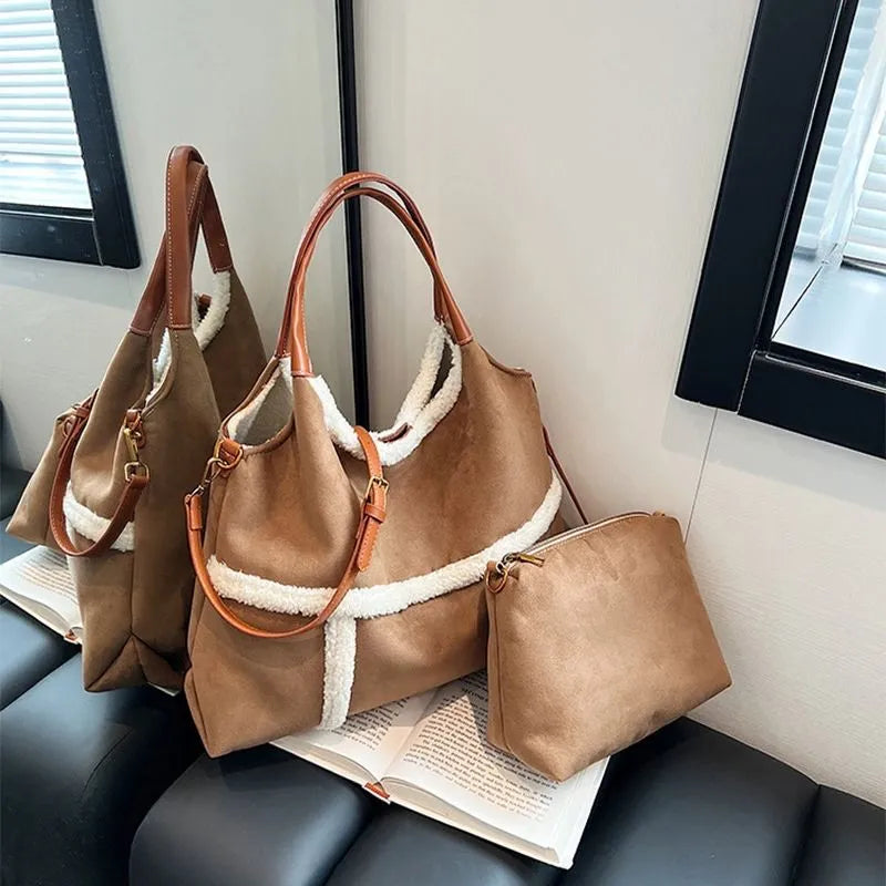 sac cabas effet suede pochette inclus marron