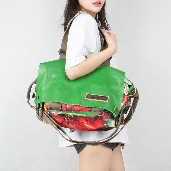 sac cabas floral vert jeune femme porte epaule