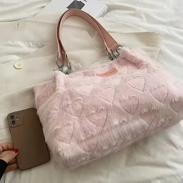 sac cabas peluche rose presentation pres de portable
