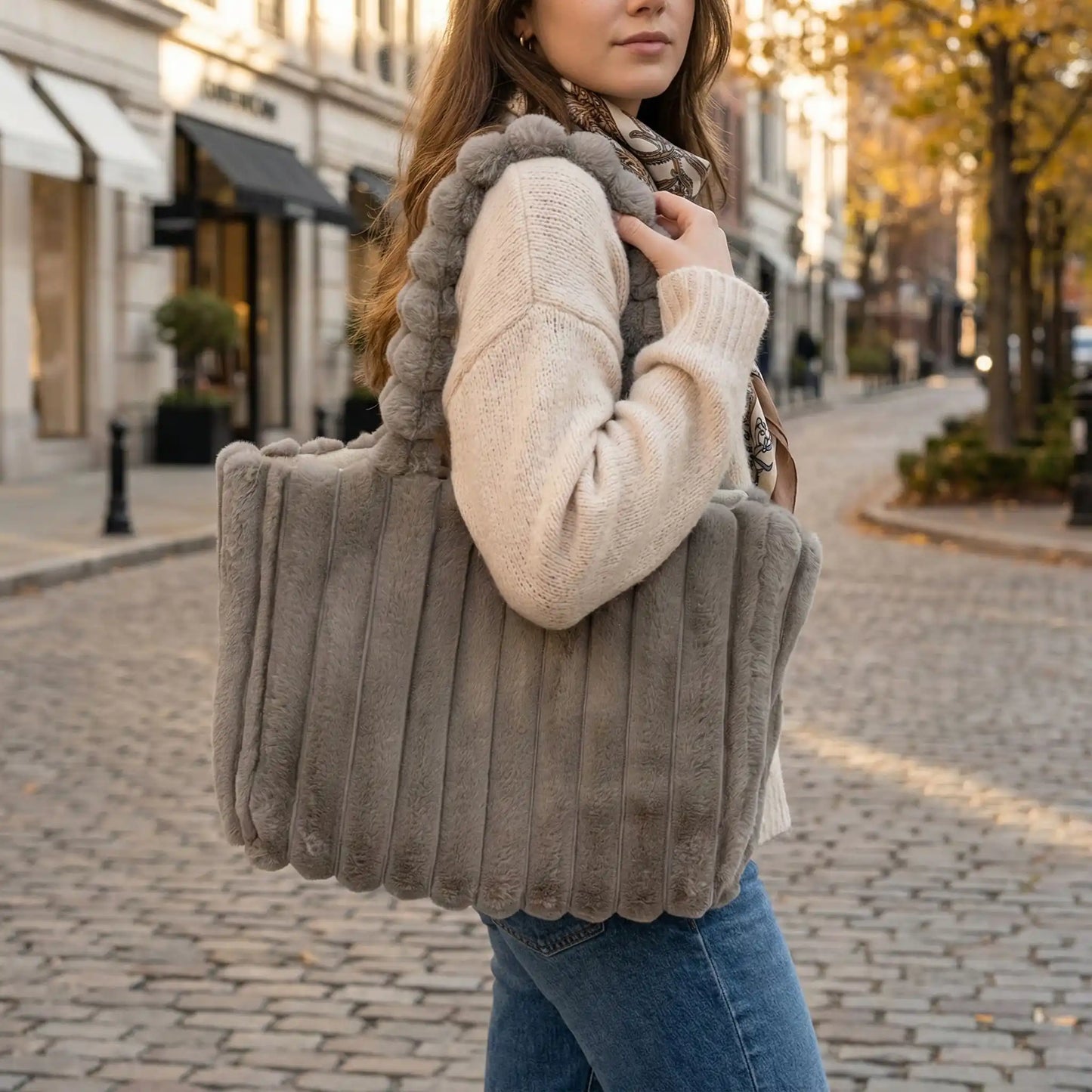 sac cabas pompon fourrure couleur cafe fonce