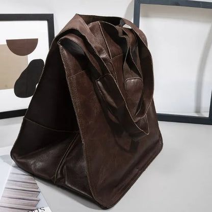 sac fourre tout pu cuir souple vintage cafe