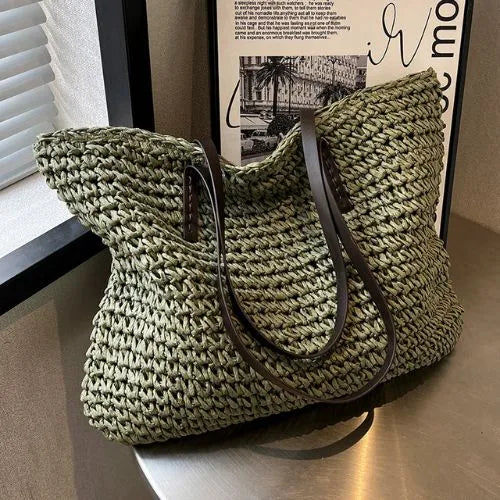 sac fourre-tout tresse rattan ete vert