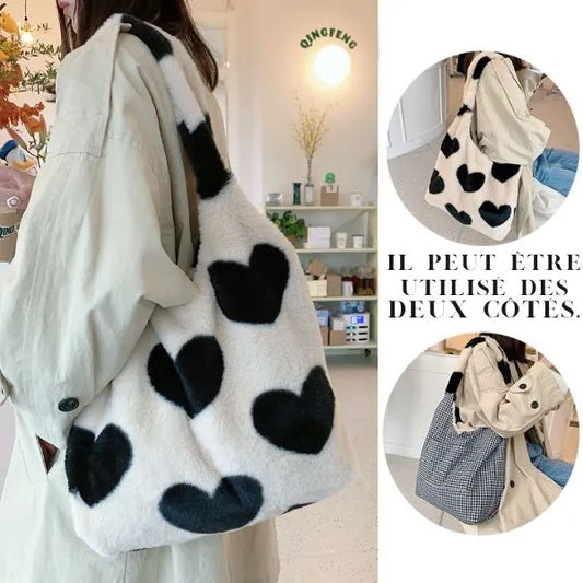 tote bag peluche reversible interieur coton avec pochette